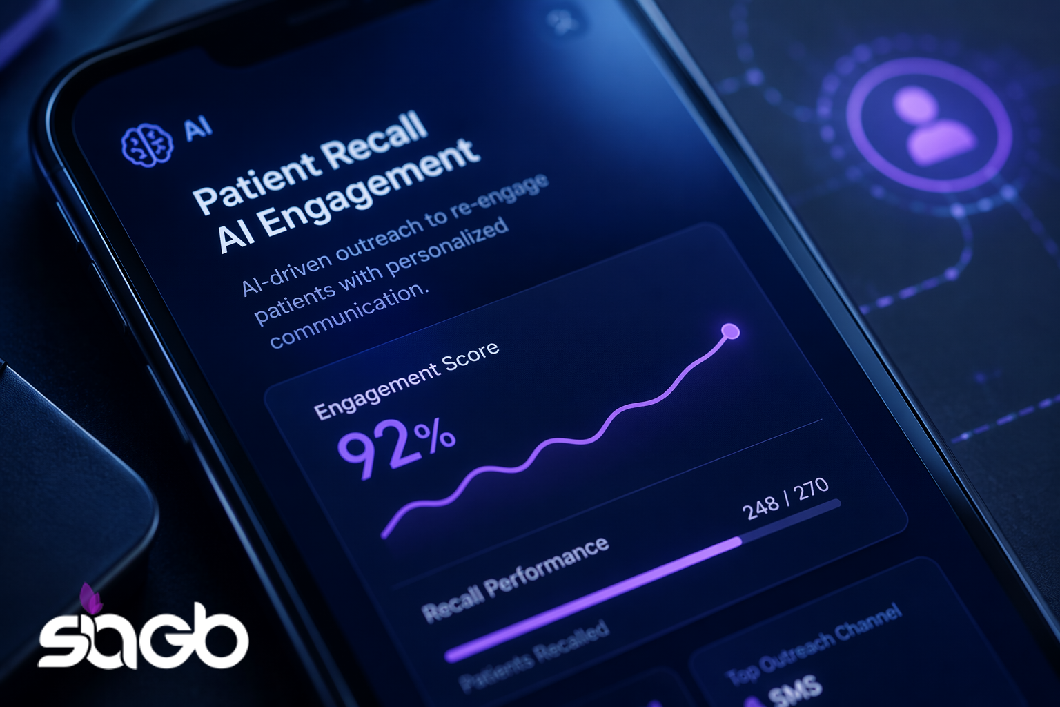 Smartphone showing a patient recall AI engagement dashboard with a 92 per cent engagement score