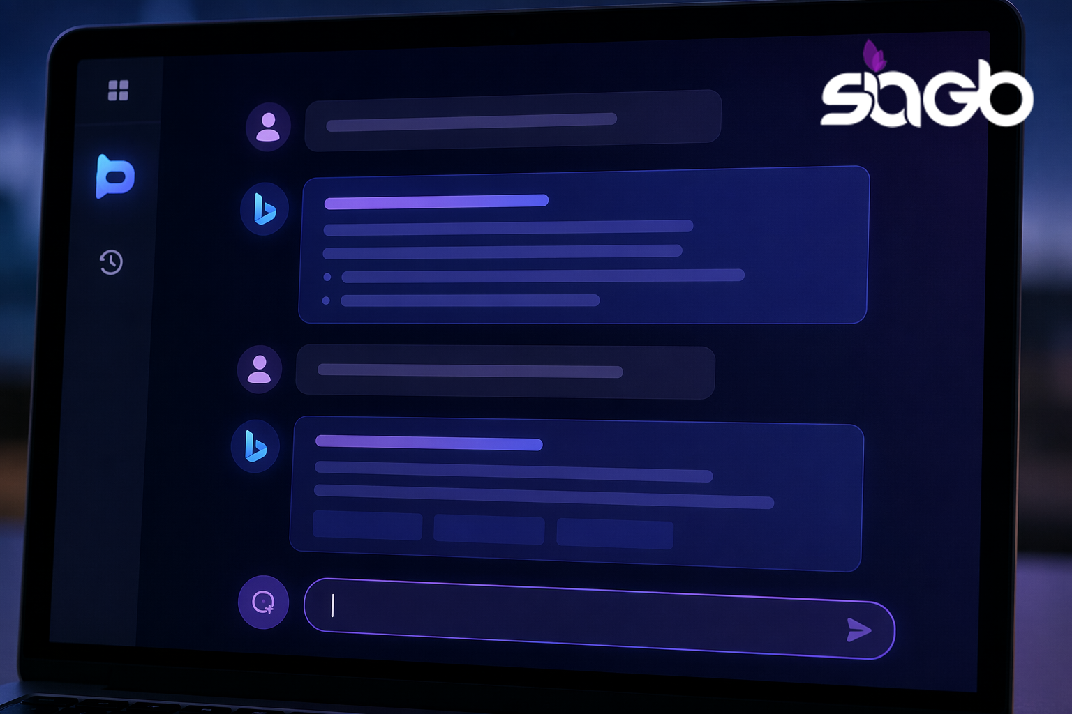 Laptop screen showing a dark Bing AI chat interface with user and assistant message bubbles and a text input box