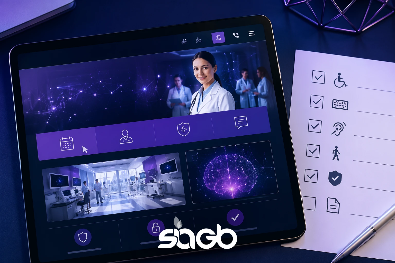 Tablet displaying a medical practice website homepage with a doctor&rsquo;s profile, booking and security icons, and an accessibility checklist beside it